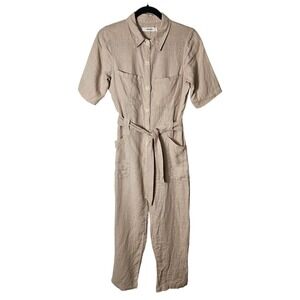 Promod S Beige 100% Linen Boilersuit Jumpsuit Short Sleeve Cropped Lagenlook